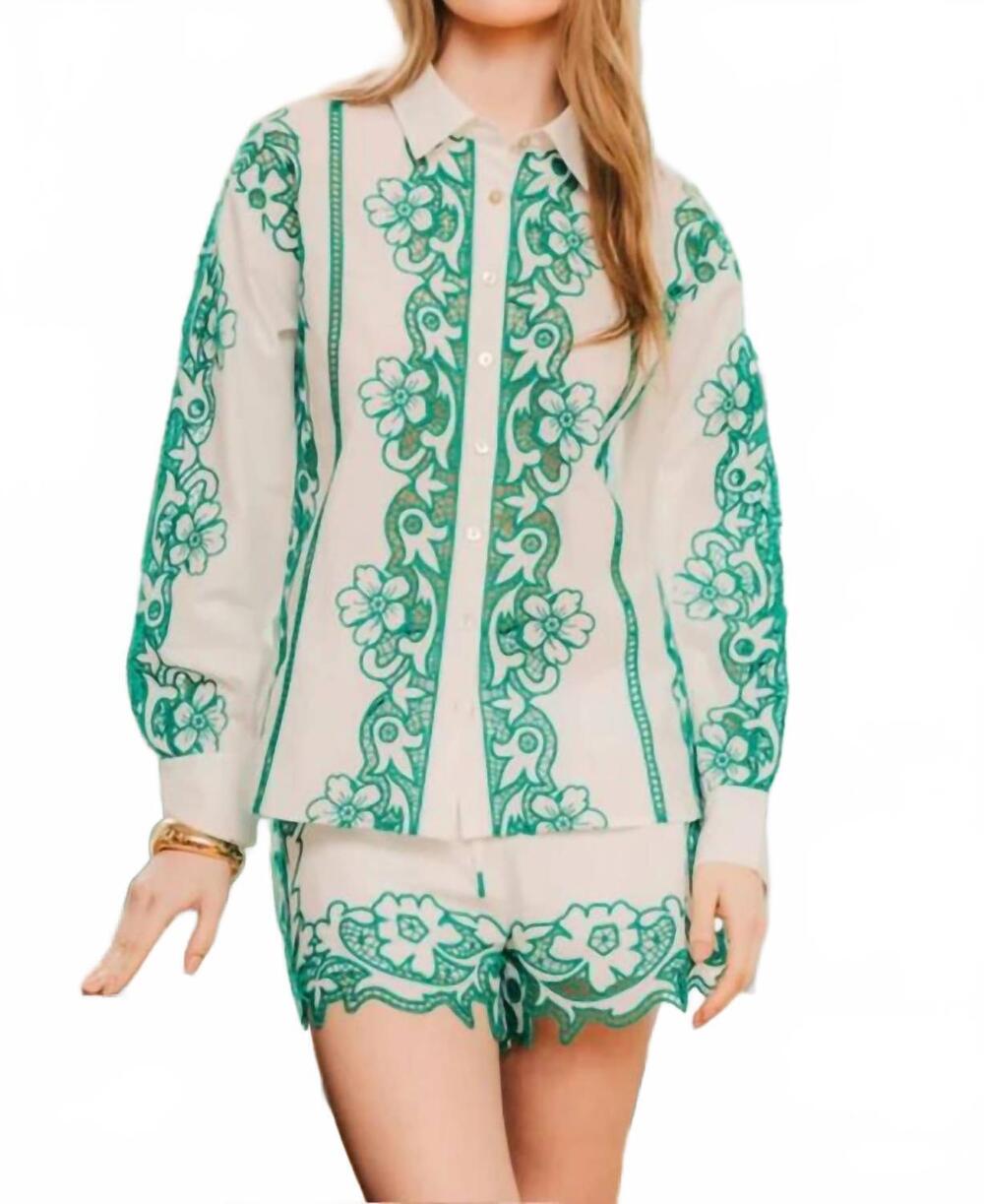 NEW LOVE THE LABEL trinity button down top in white/green